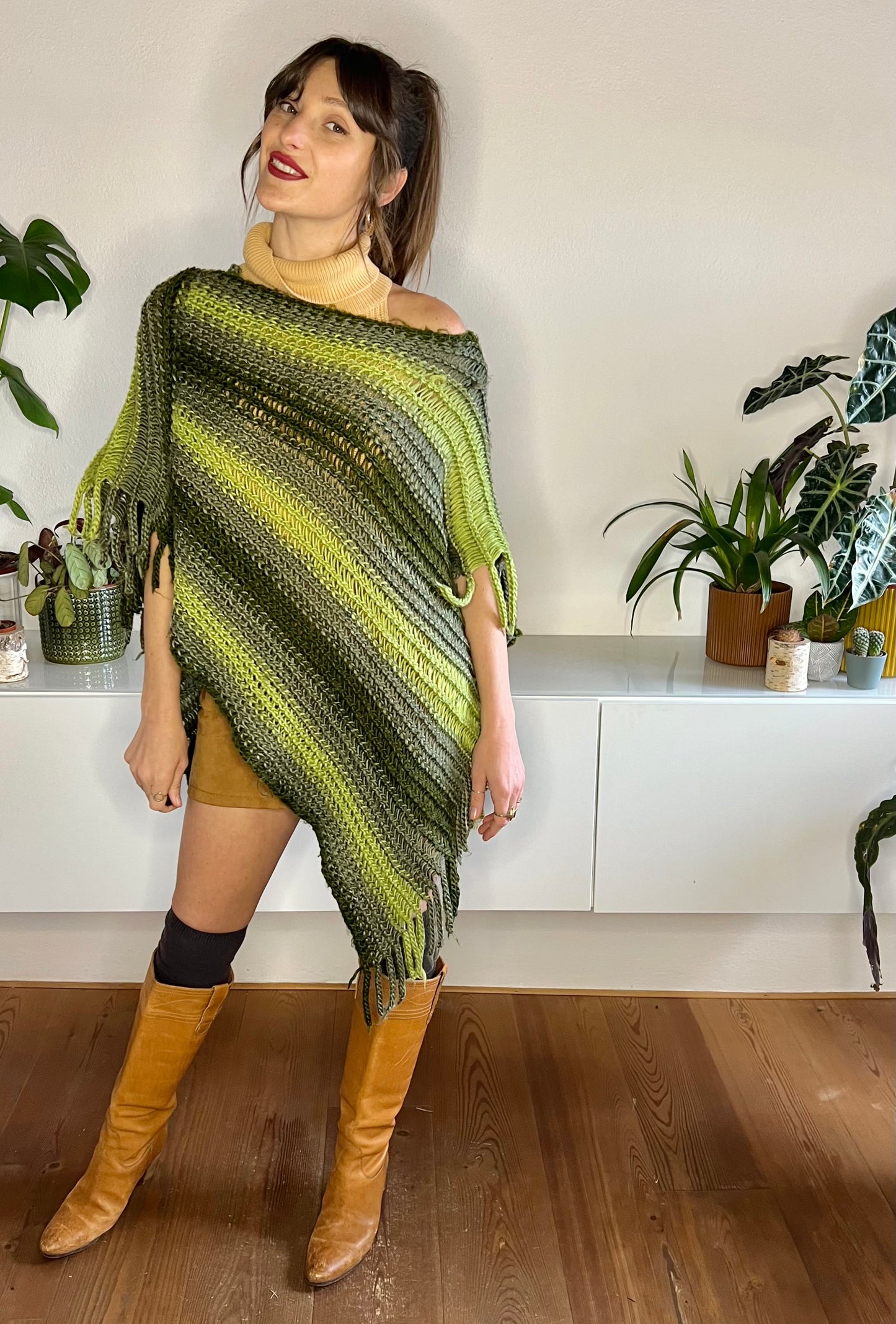 1970's vintage wool multitonal green stripe knit poncho with fringe details