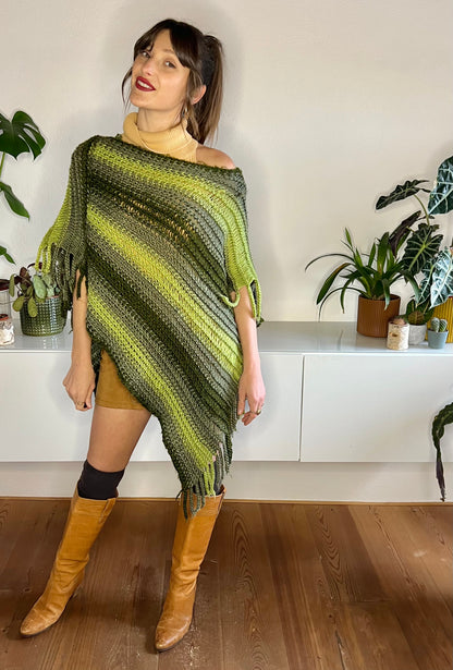 1970's vintage wool multitonal green stripe knit poncho with fringe details