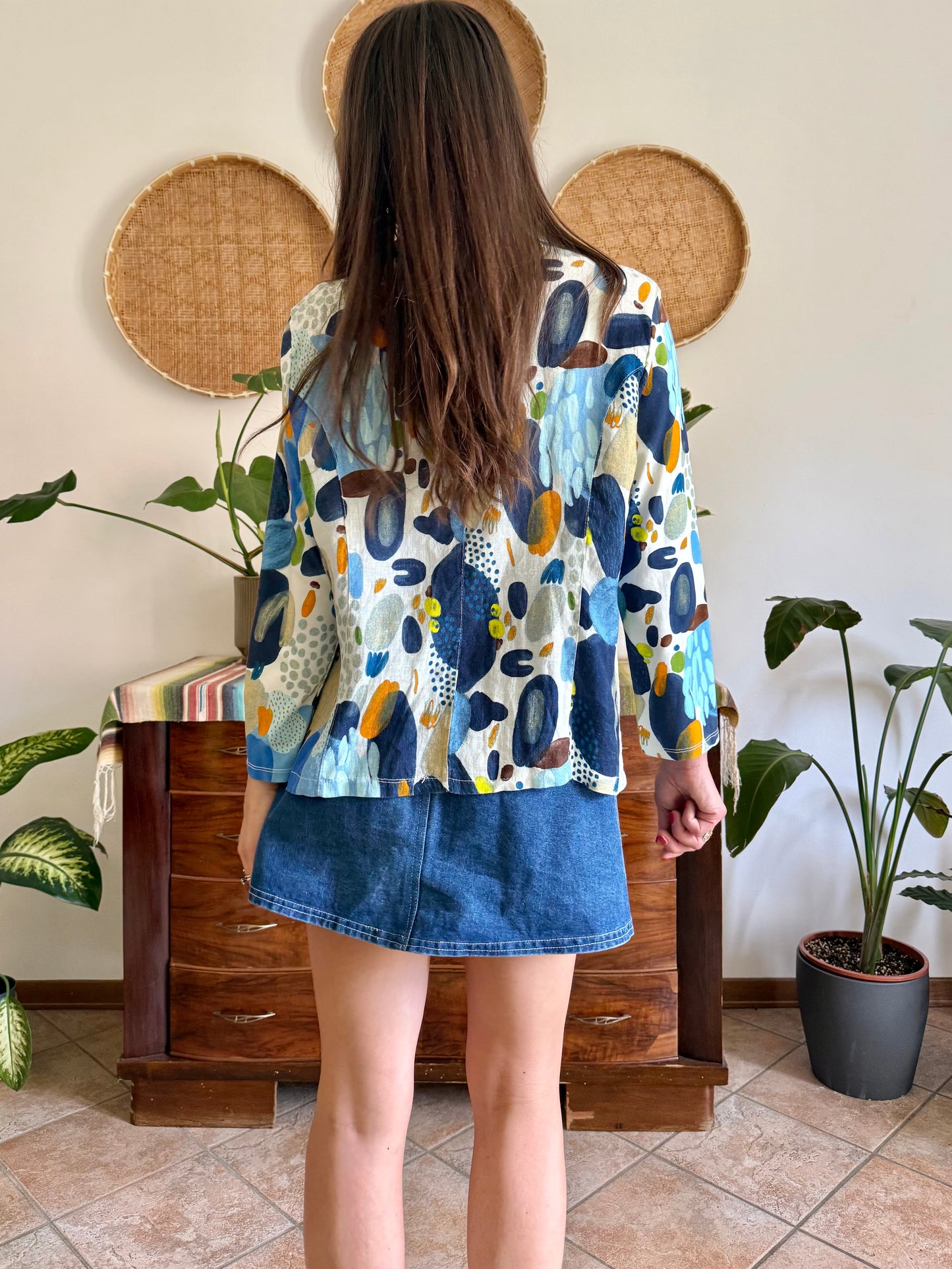 1990’s vintage blue, green and orange abstract print linen jacket