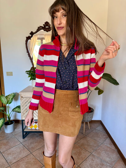 1990's vintage red, pink and blue stripe zip up wool knit cardigan
