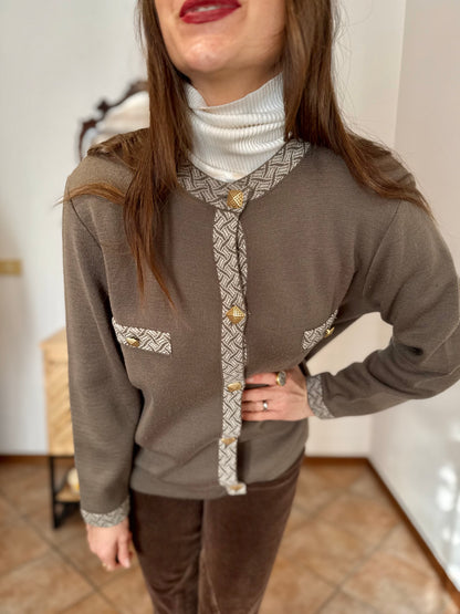 1980's vintage khaki wool cardigan with cream geometric knit pattern and square brass buttons