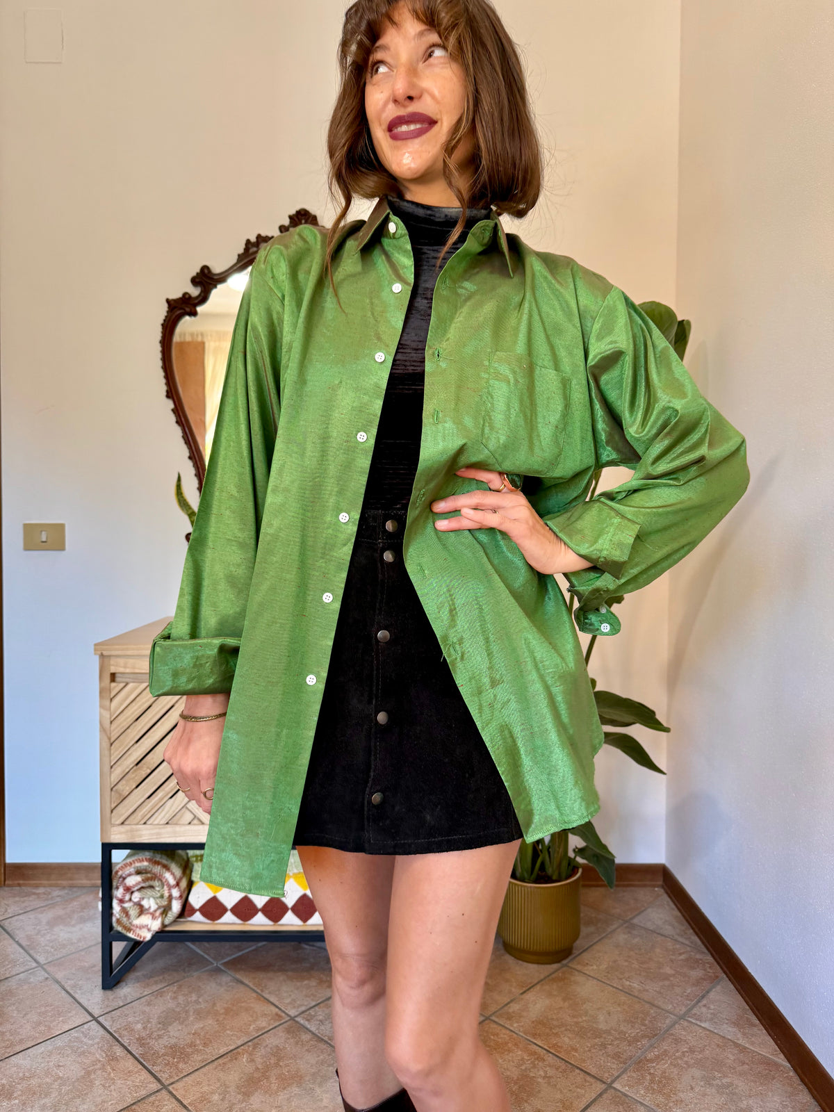 1970’s vintage oversize green and brown iridescent silk blouse