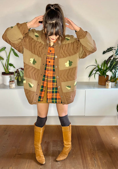 1970's vintage oversize tan trip knit cardigan with green leaf knit pattern