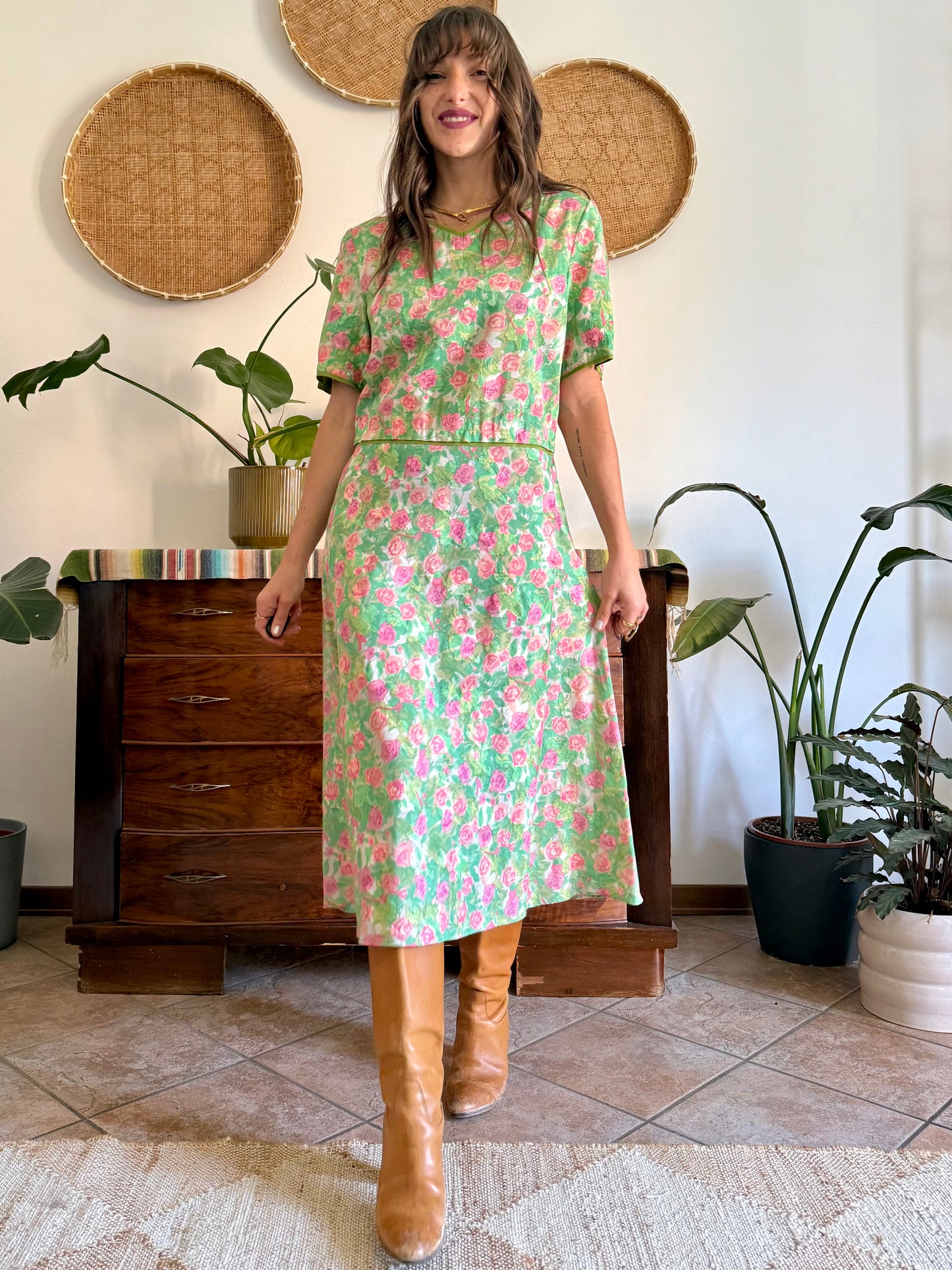 1960’s vintage semi sheer green, pink and white textured floral print midi dress