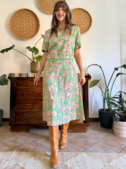 1960’s vintage semi sheer green, pink and white textured floral print midi dress