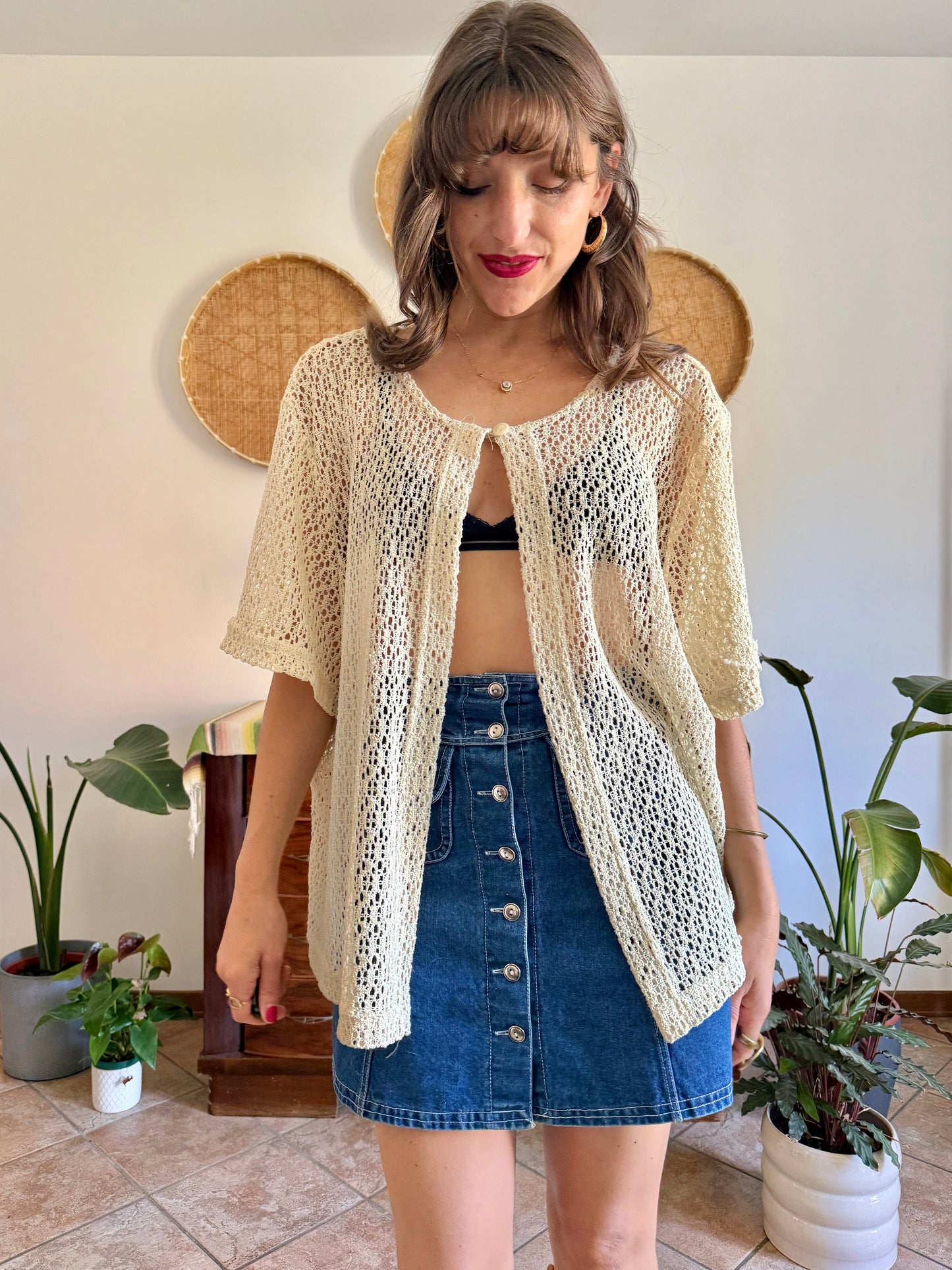1970’s vintage oversize cream crocheted blouse