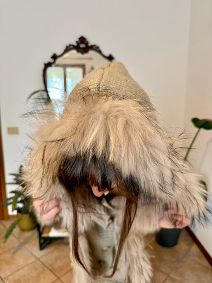 1970's vintage beige knit mohair poncho with fur trimming