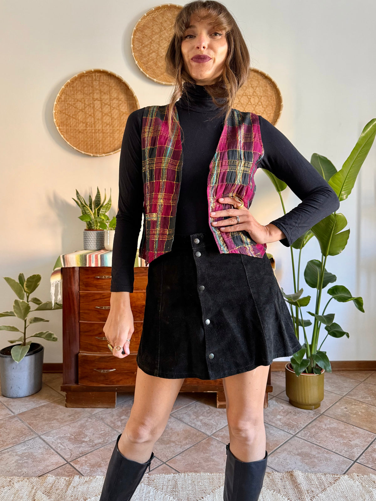 1970’s vintage fuchsia, black and gold plaid vest