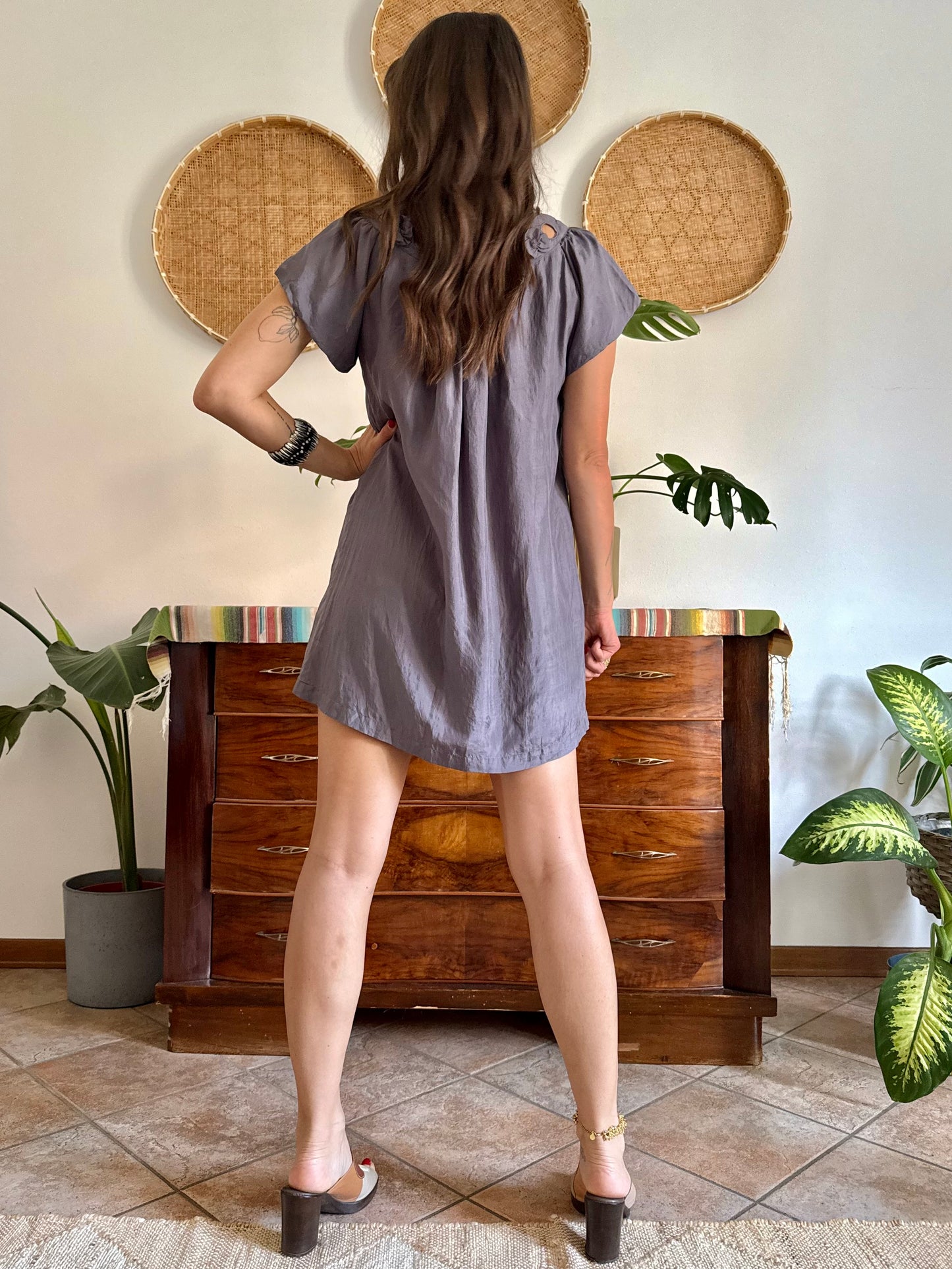 1990’s grey silk baby doll mini dress with appliqué floral detail along neckline