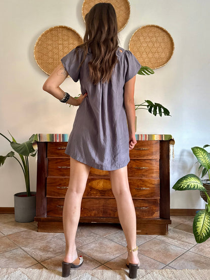1990’s grey silk baby doll mini dress with appliqué floral detail along neckline