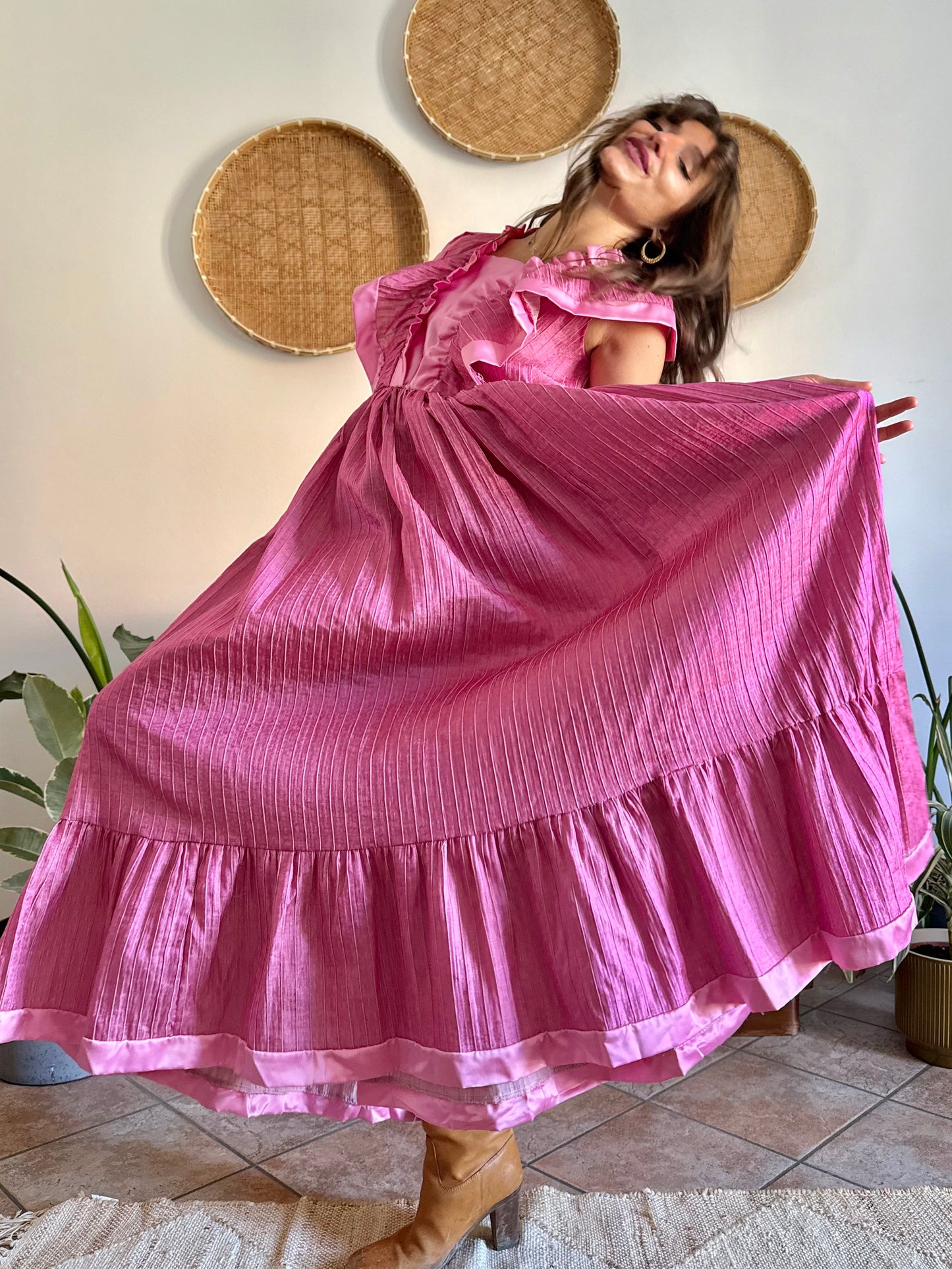 1970’s vintage metallic textured pink maxi prairie dress with satin ruffle details