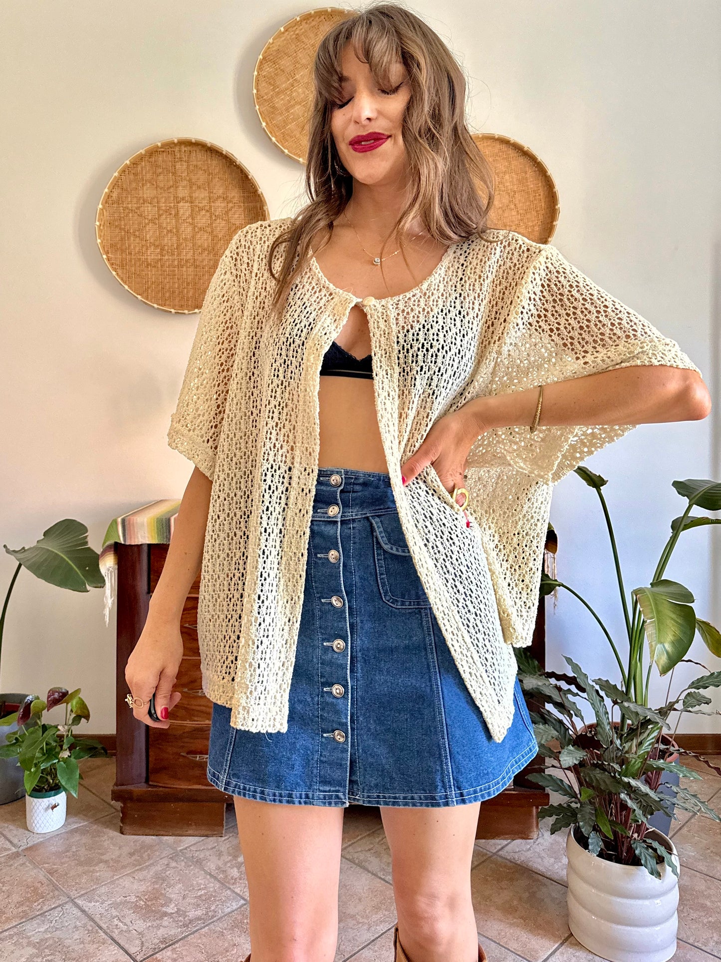 1970’s vintage oversize cream crocheted blouse