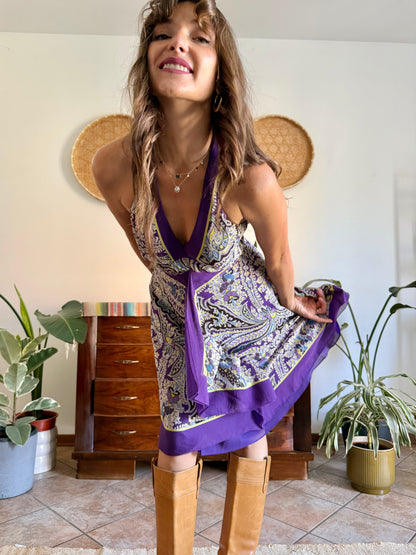 Y2k vintage purple and yellow floral silk halter top midi dress
