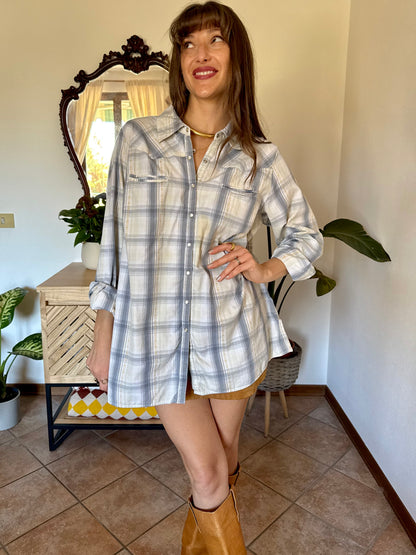 1990's vintage light blue, cream and beige western pearl snap shirt