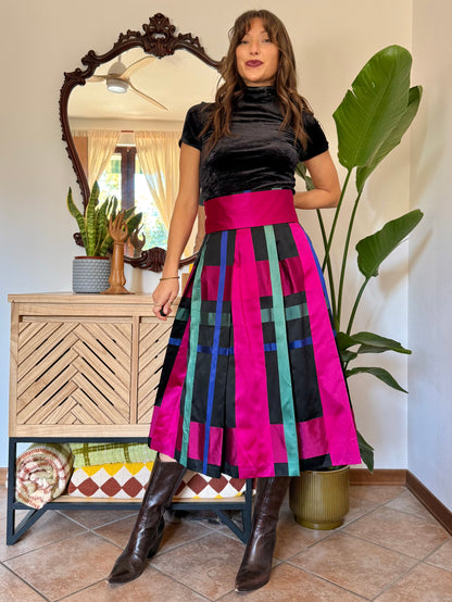 1970’s vintage black, fuchsia,green and blue plaid satin midi skirt
