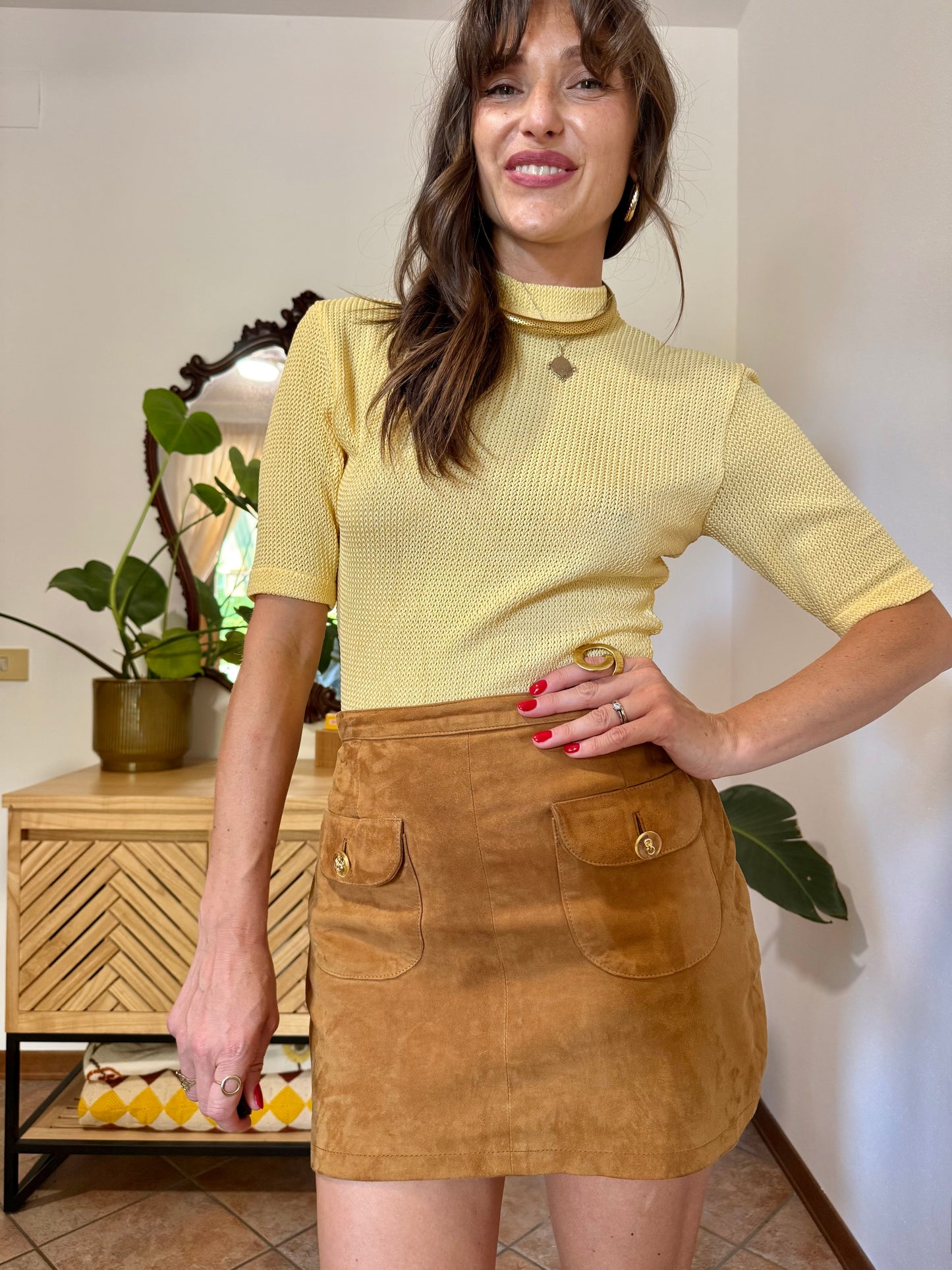 1970's vintage butter yellow knit mock neck top with zip detail