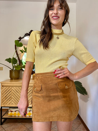 1970's vintage butter yellow knit mock neck top with zip detail