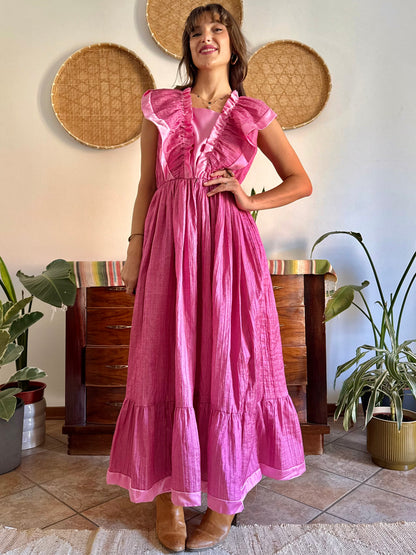 1970’s vintage metallic textured pink maxi prairie dress with satin ruffle details