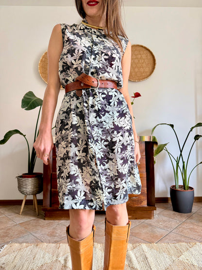 1970’s vintage semi sheer black and white floral print midi dress