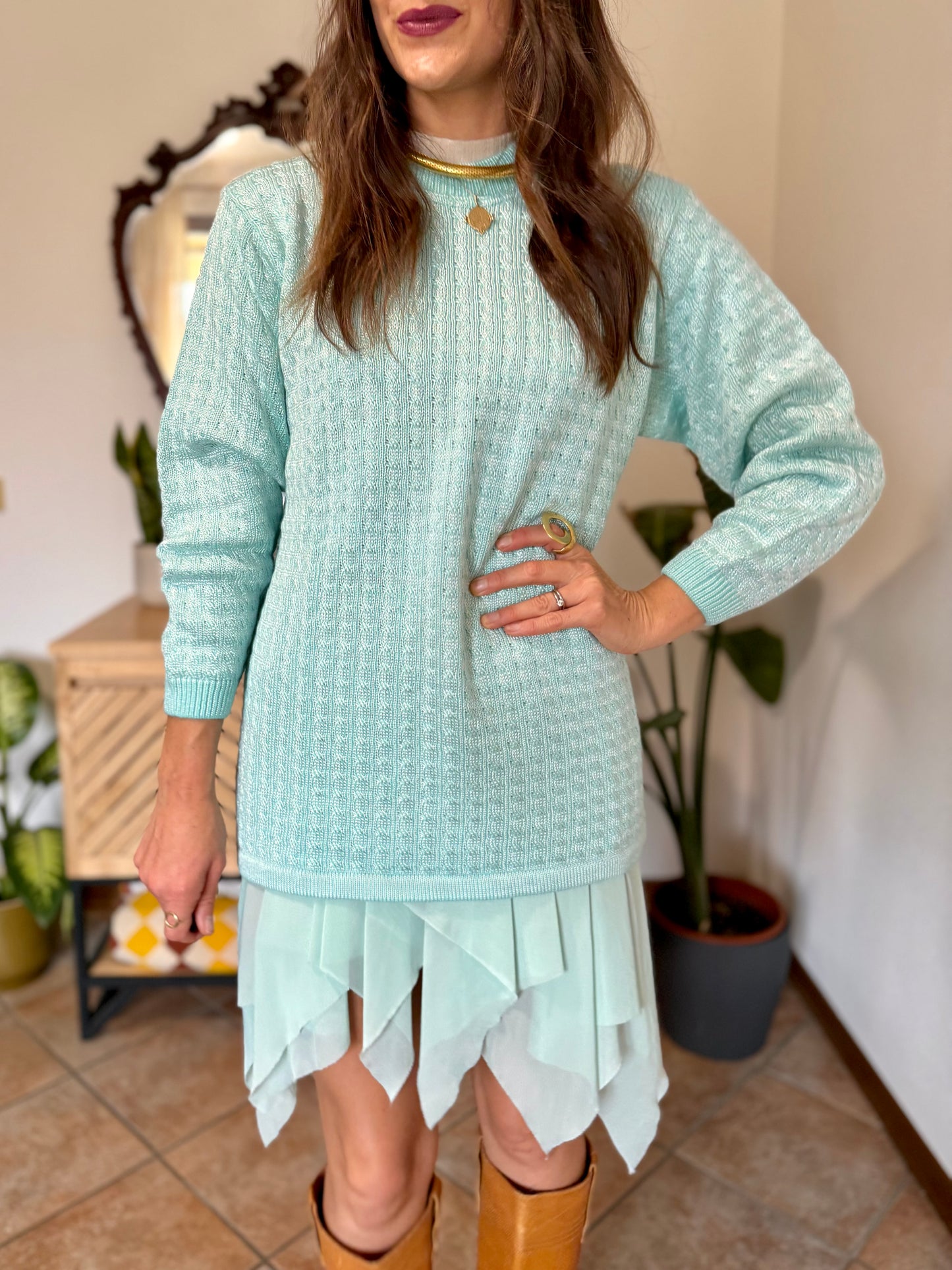 Y2k vintage light turquoise and silver wool blend  cable knit pullover