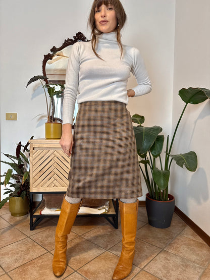 1970's vintage chocolate brown, green and blue plaid wool midi skirt
