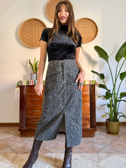 1970’s vintage dark grey animal print denim midi skirt