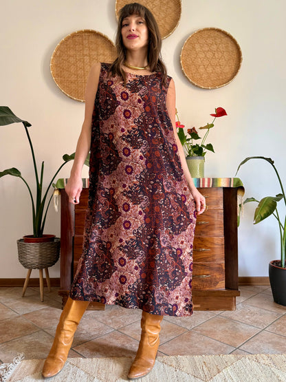 1990’s vintage burgundy, pink and orange floral paisley print maxi dress