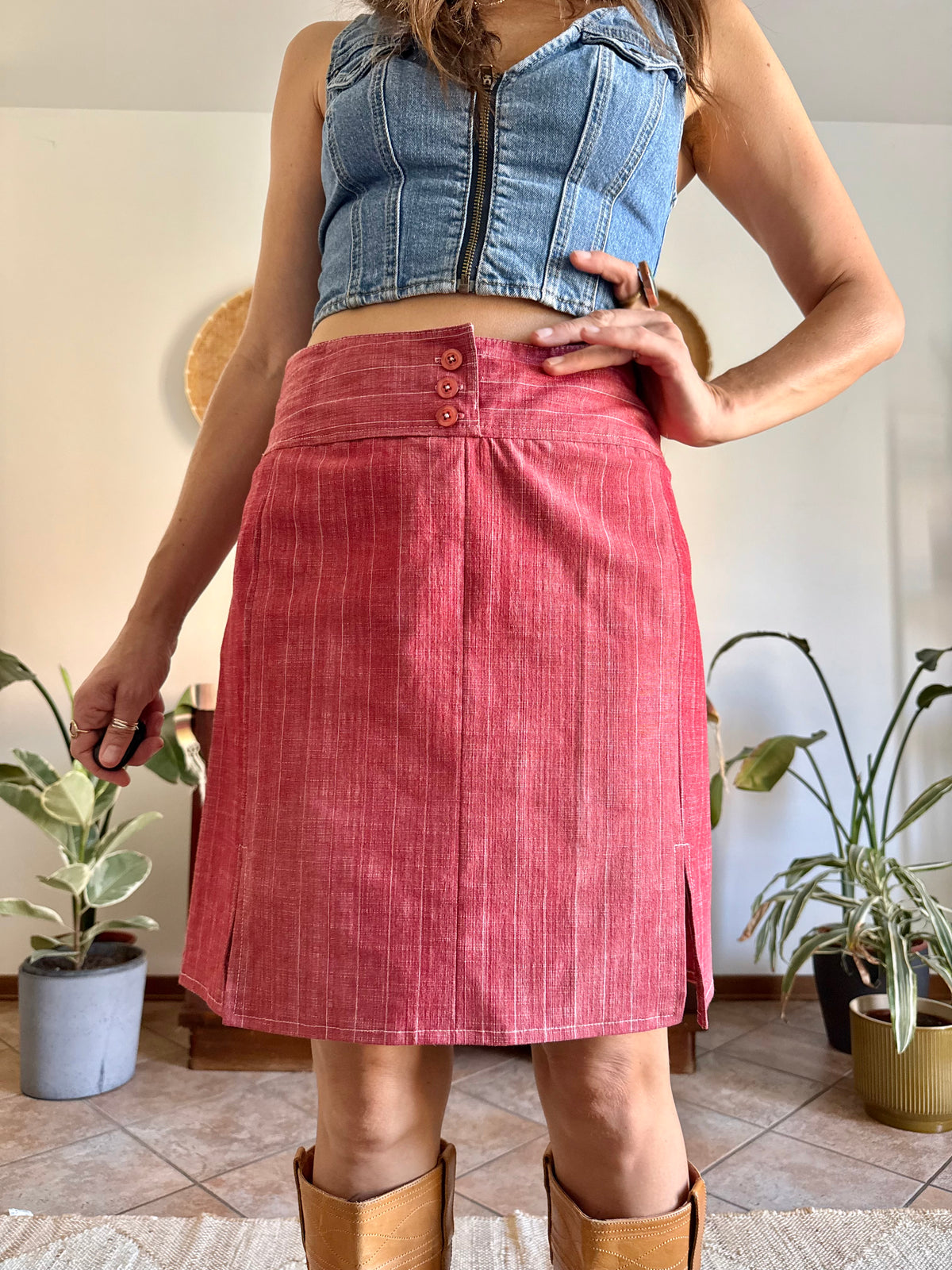 1990's vintage red and white pin stripe textured mini skirt