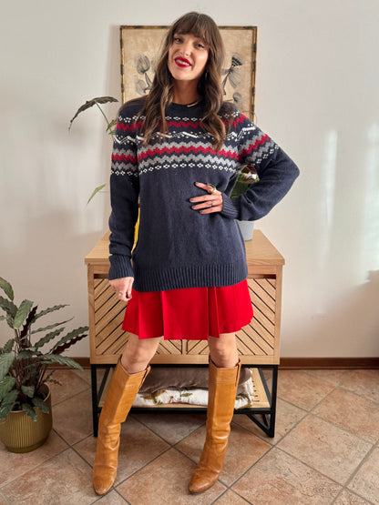 1990’s vintage navy blue knit pullover with red and cream geometric pattern