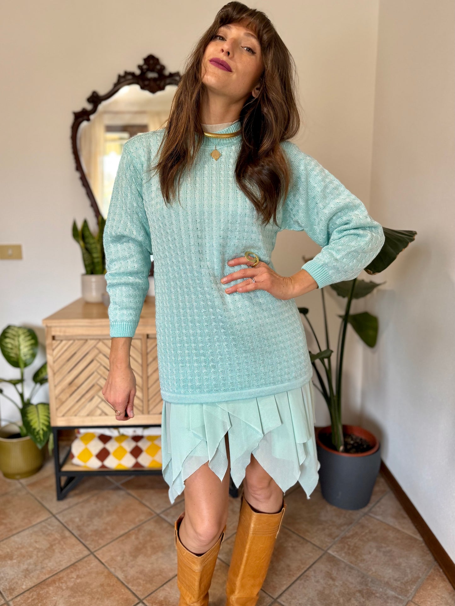 Y2k vintage light turquoise and silver wool blend  cable knit pullover