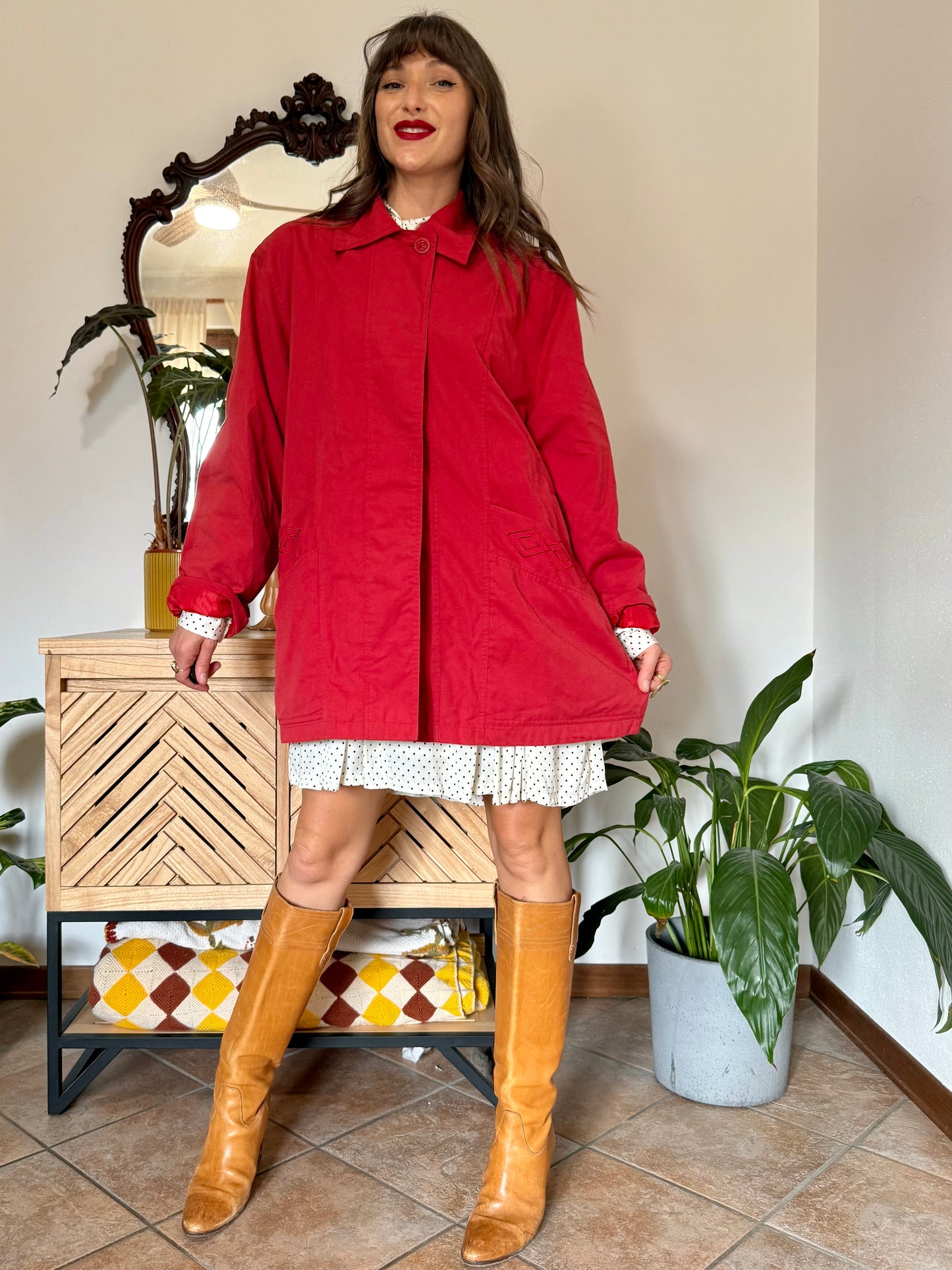 1990’s vintage cherry red chore coat with diamond embroidered detailing