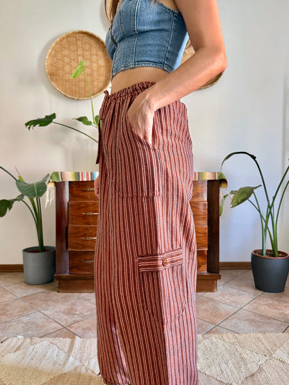 1990’s vintage chocolate brown and pink stripe woven wide leg trousers