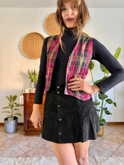 1970’s vintage fuchsia, black and gold plaid vest