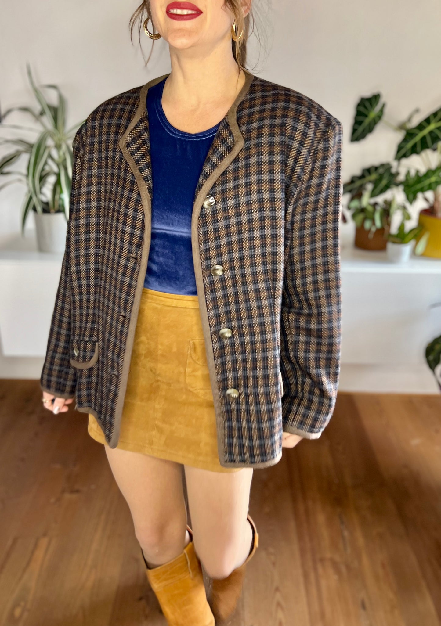 1970's vintage brown and blue oversize plaid wool blazer