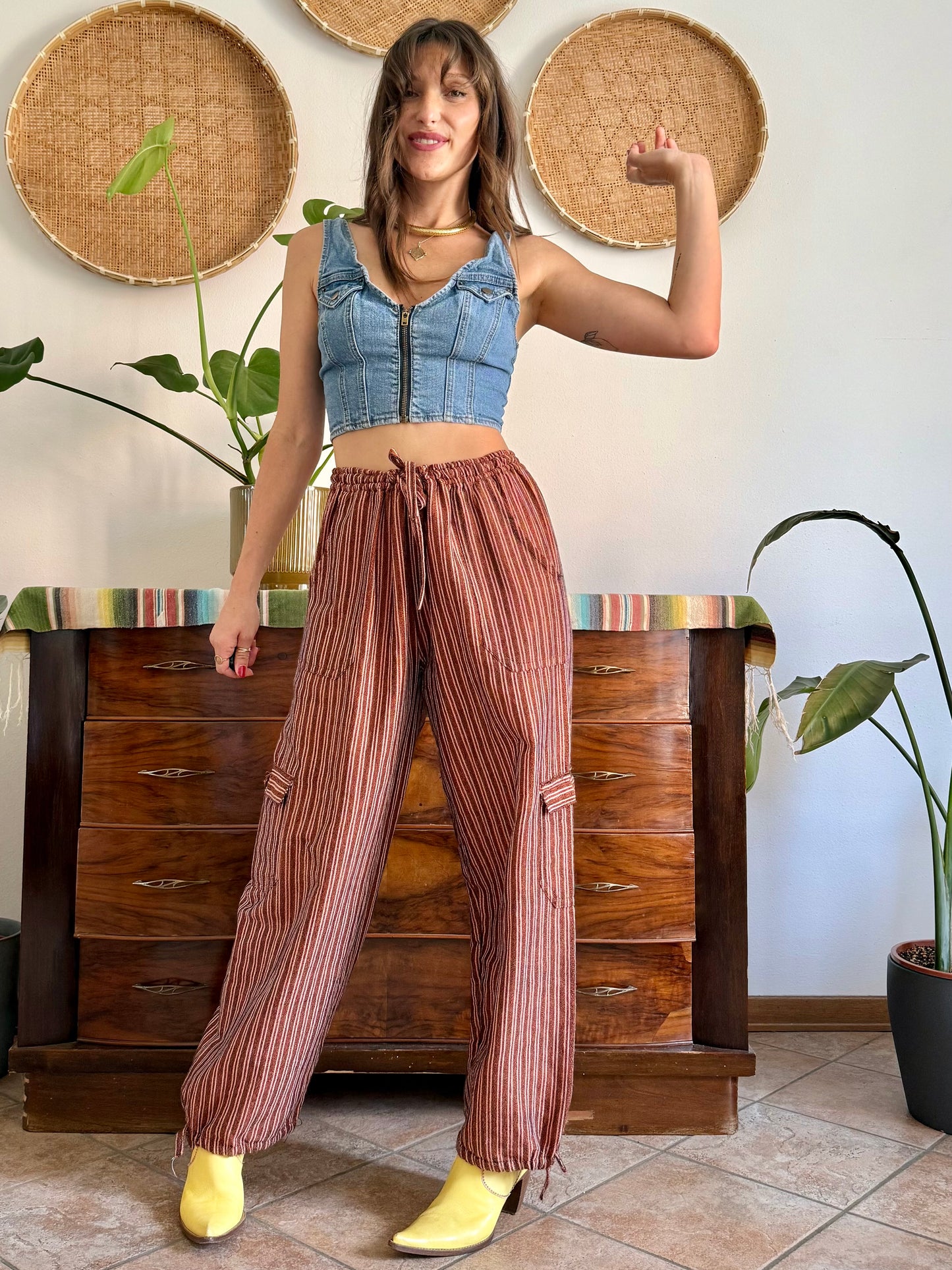 1990’s vintage chocolate brown and pink stripe woven wide leg trousers