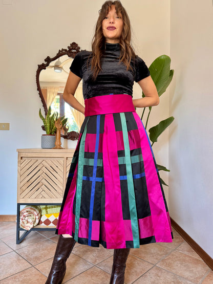 1970’s vintage black, fuchsia,green and blue plaid satin midi skirt