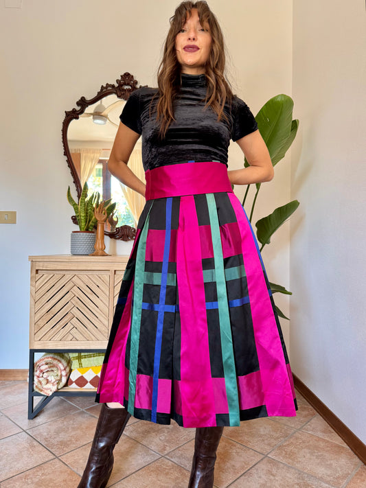 1970’s vintage black, fuchsia,green and blue plaid satin midi skirt