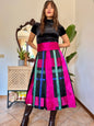 1970’s vintage black, fuchsia,green and blue plaid satin midi skirt