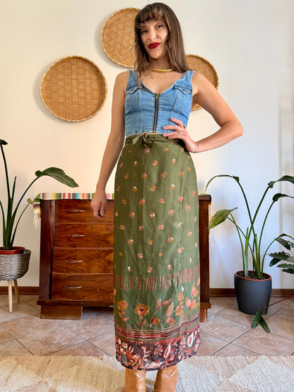 1990's vintage olive green, brown and dark orange floral wrap maxi skirt
