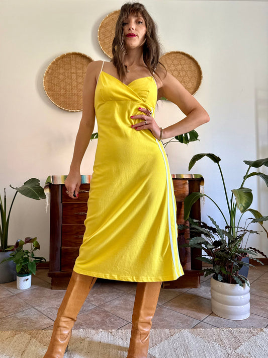 1990’s vintage canary yellow woven cotton midi dress with white stripe detailing