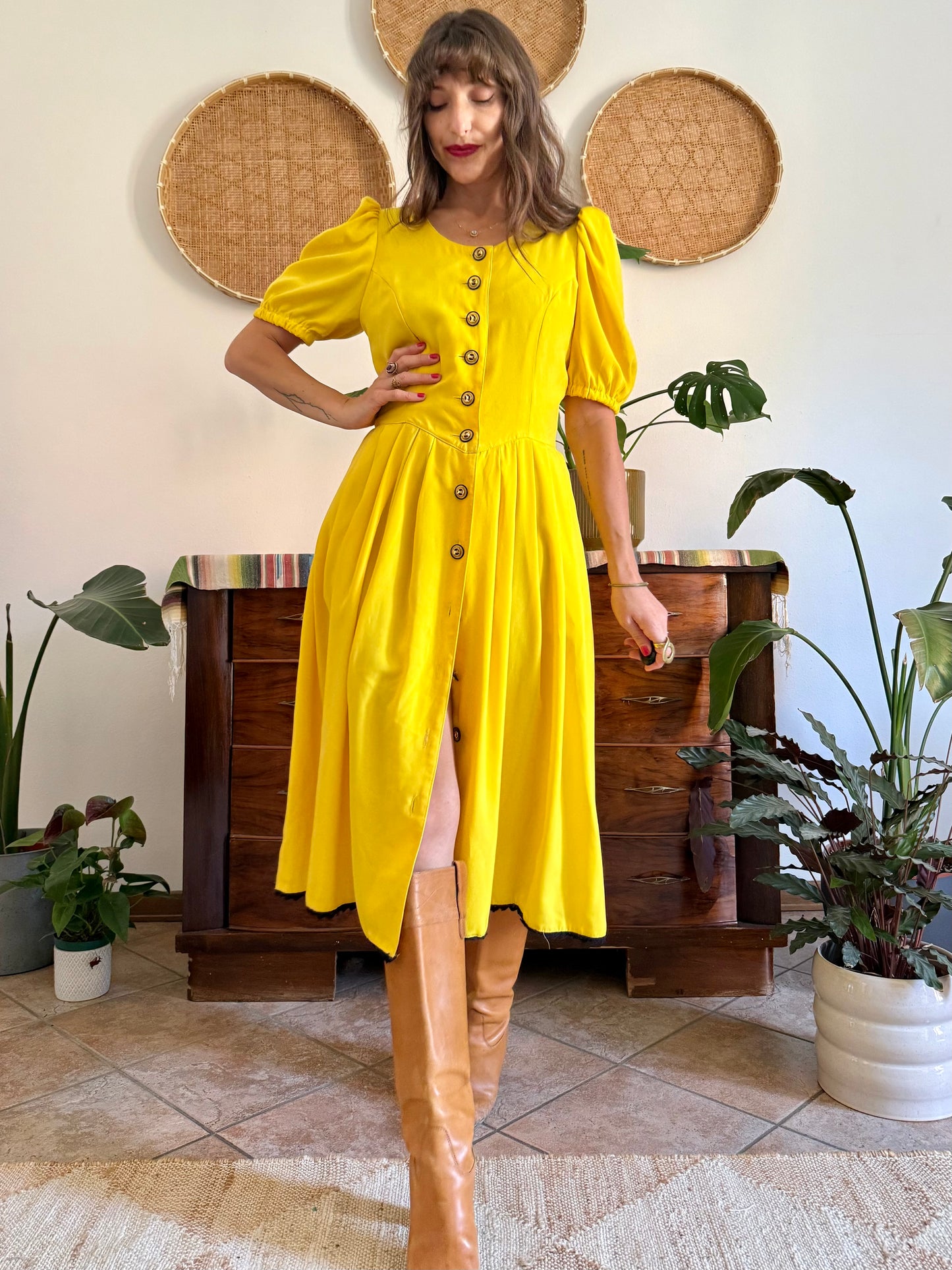 1960’s vintage canary yellow button down midi dress with black crochet detailing