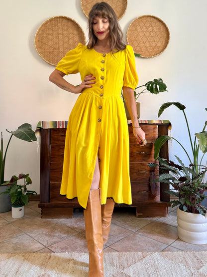 1960’s vintage canary yellow button down midi dress with black crochet detailing