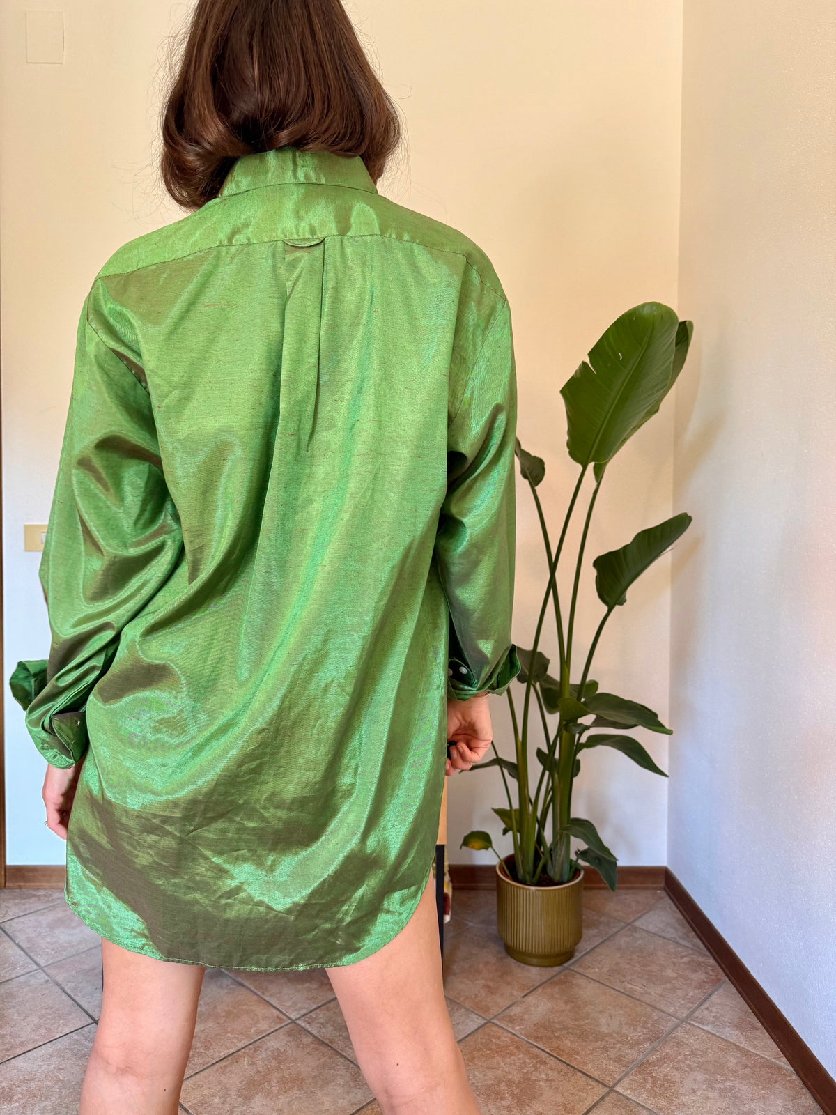 1970’s vintage oversize green and brown iridescent silk blouse