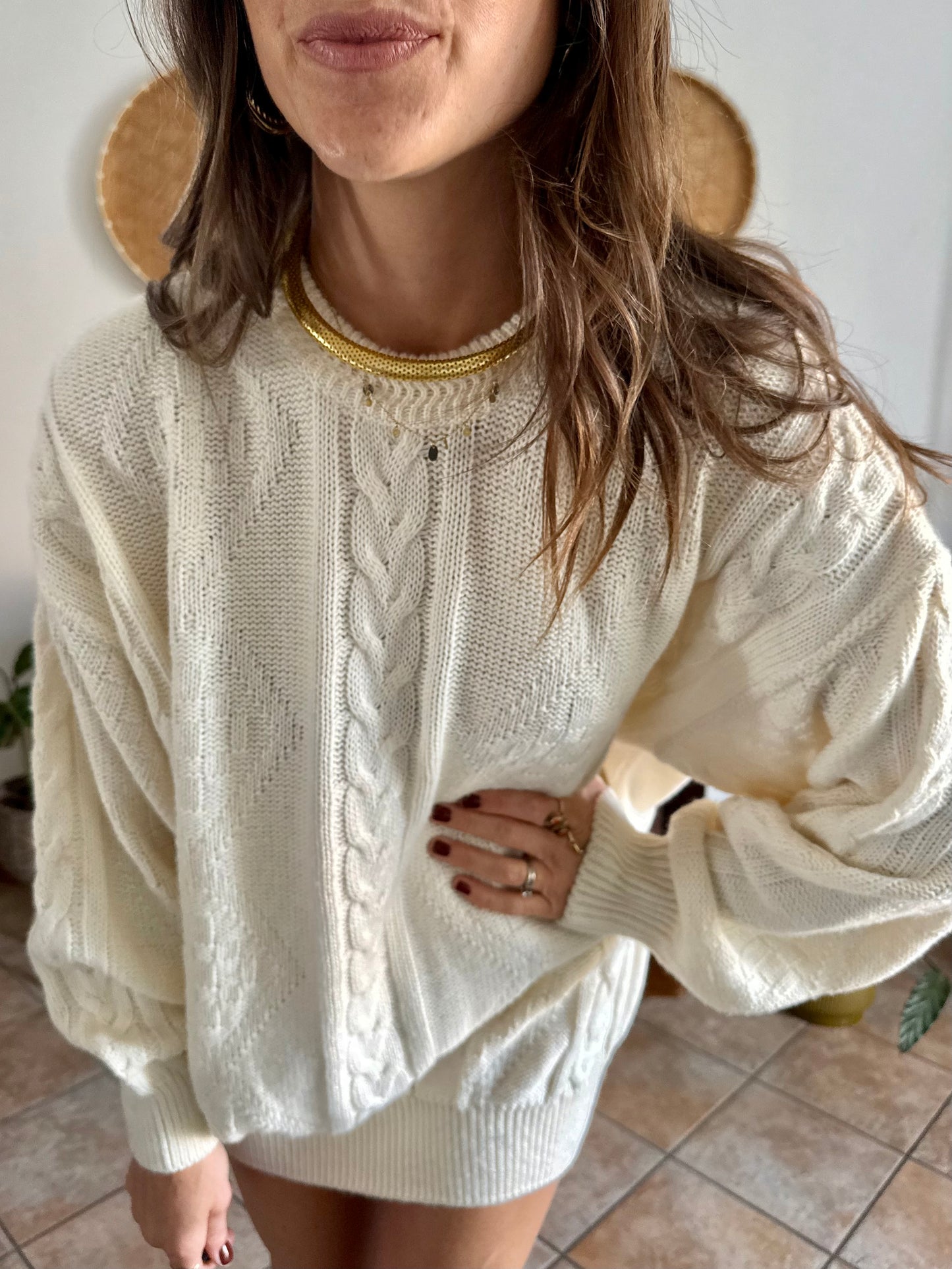 1970's vintage oversize cream wool blend cable knit Fisherman's pullover