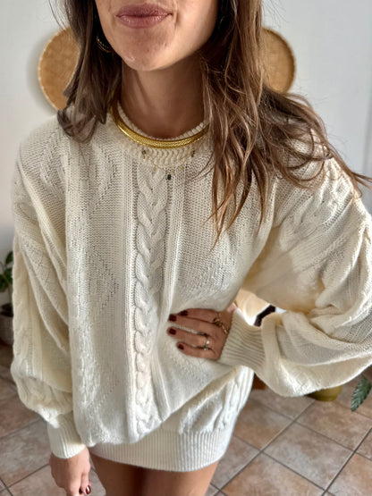 1970's vintage oversize cream wool blend cable knit Fisherman's pullover