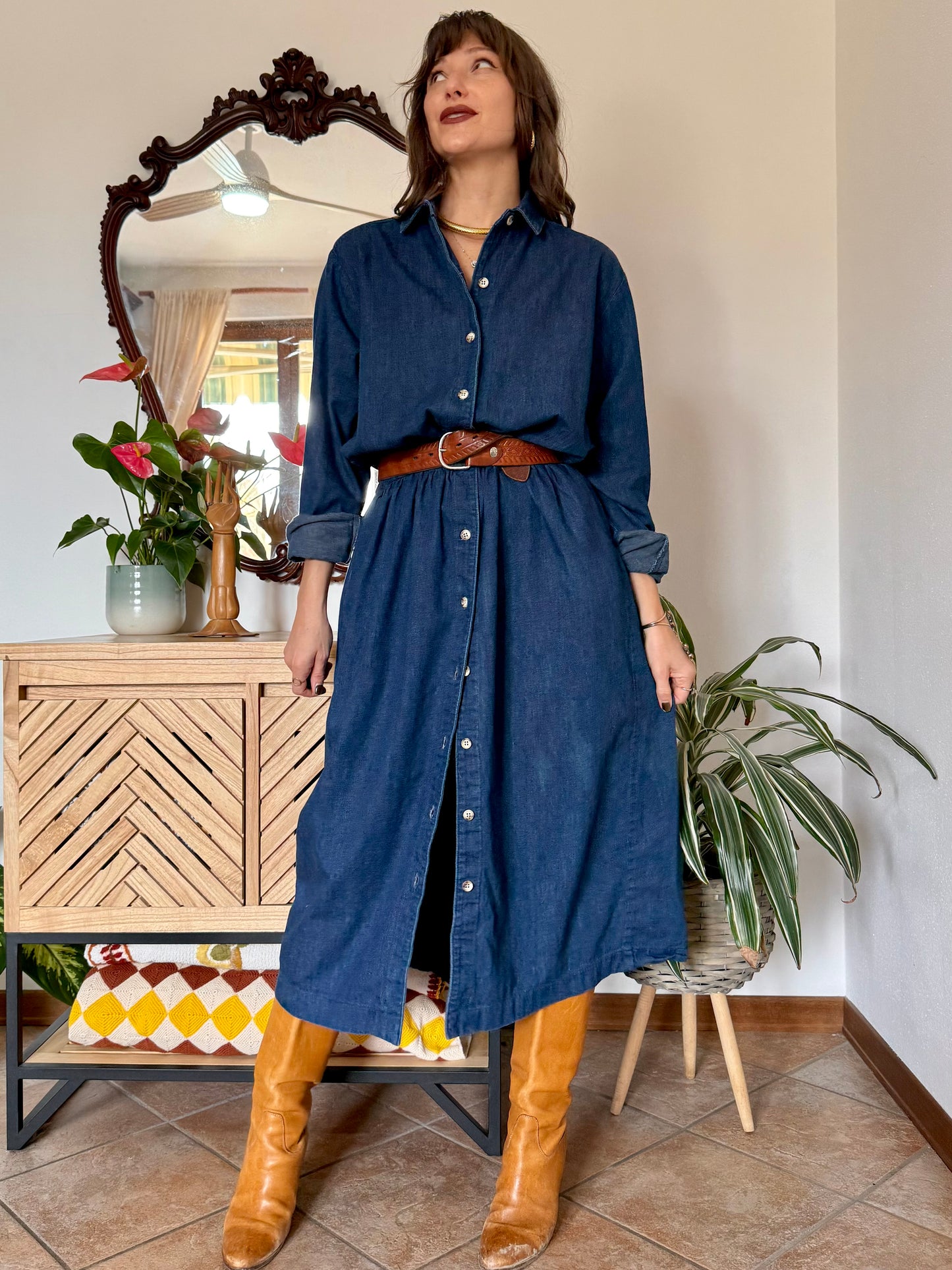 1970's vintage dark blue denim maxi dress