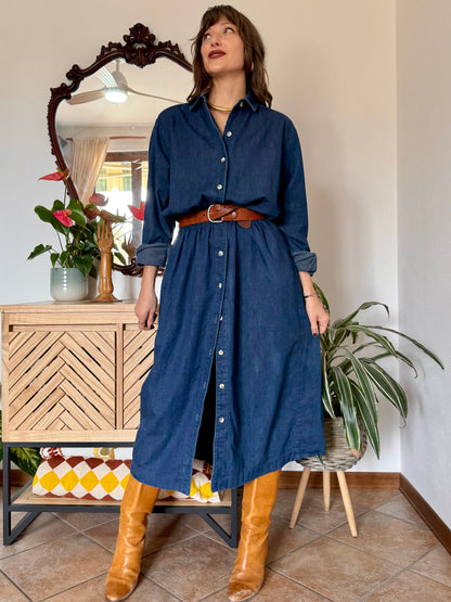 1970's vintage dark blue denim maxi dress