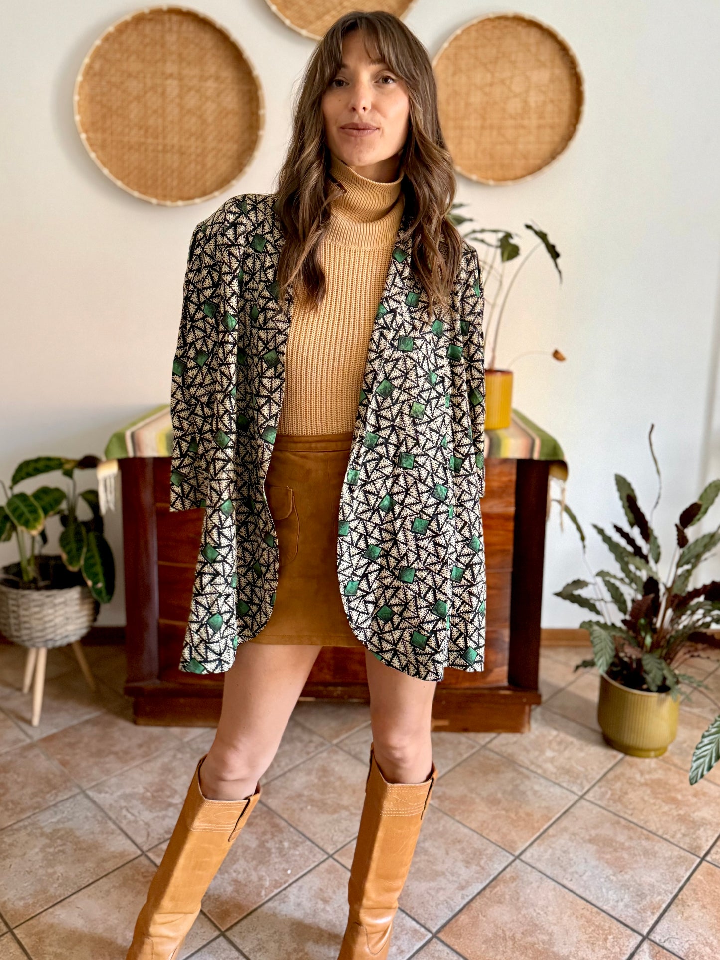 1970's vintage tan, black and green geometric print satin jacket