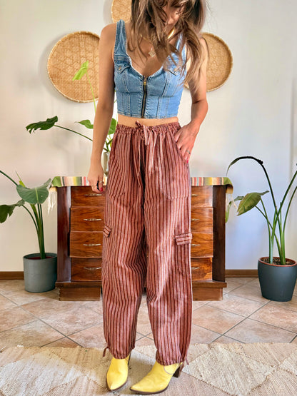 1990’s vintage chocolate brown and pink stripe woven wide leg trousers