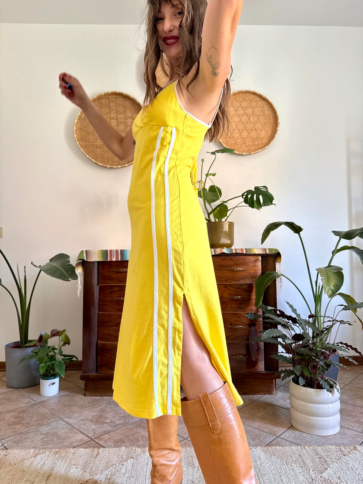 1990’s vintage canary yellow woven cotton midi dress with white stripe detailing